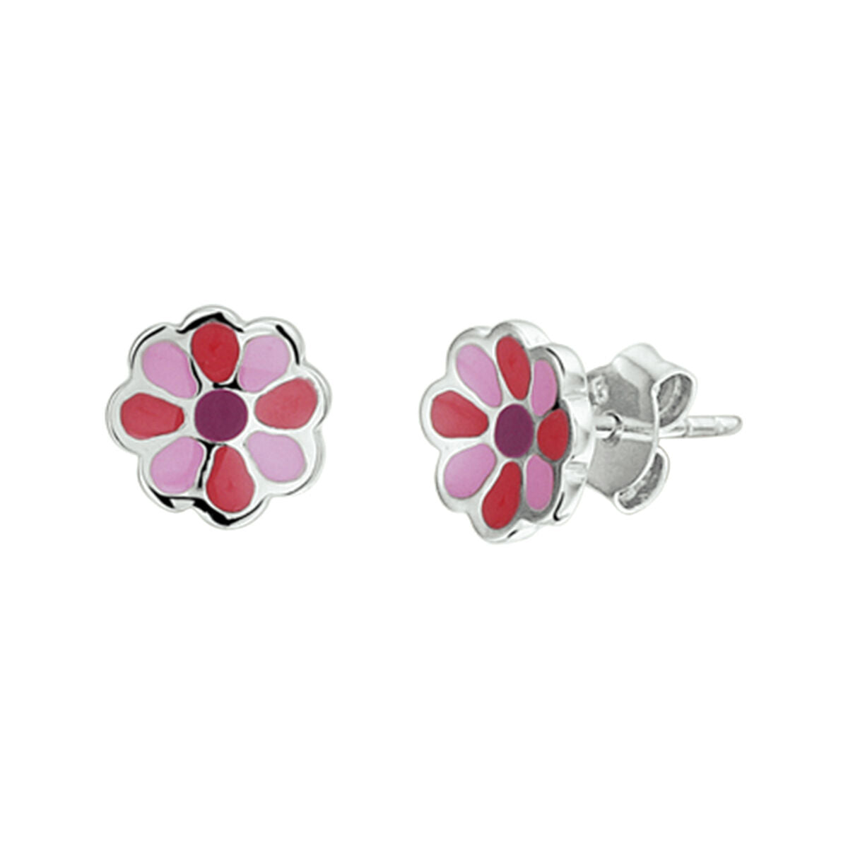 Ohrstecker in Blumenform aus rhodiniertem Silber mit buntem Emaille in Rosa- und Rottönen
