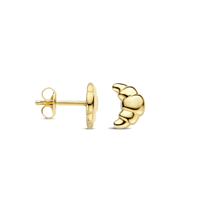 De Van der Kooij Collectie oorknoppen croissant 8,5 mm in 14K geelgoud zijn afgebeeld van de zijkant en voorkant op een witte achtergrond-een stijlvolle dames sieraden toevoeging.