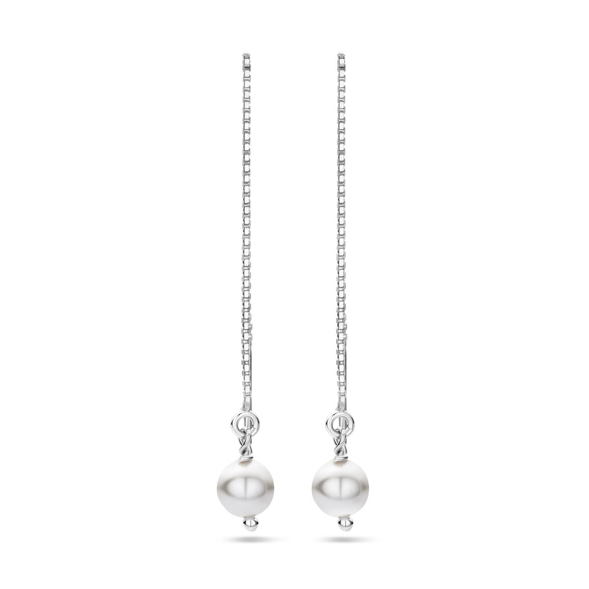 Durchzieh-Ohrhänger aus rhodiniertem Silber mit weißen Swarovski-Perlen