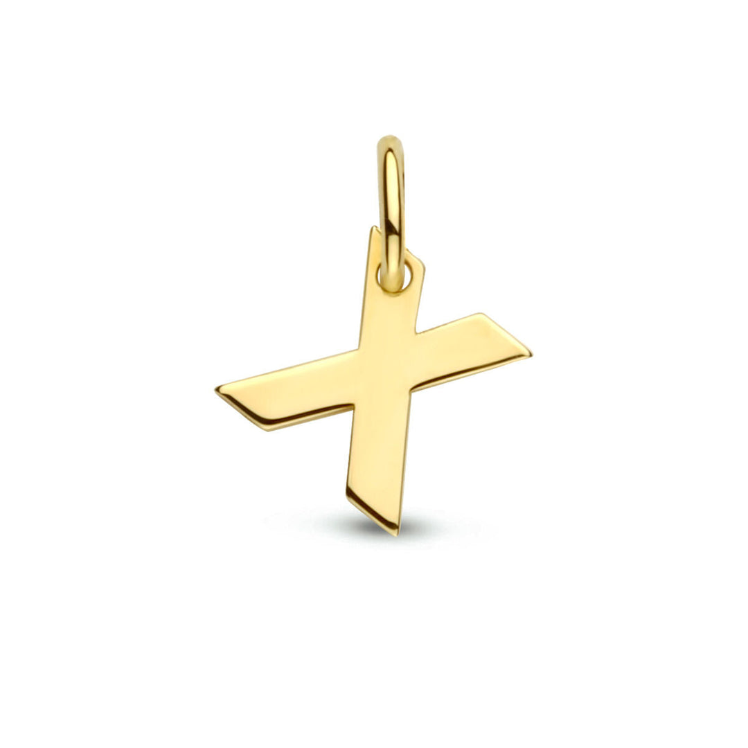 Een 14K geelgouden kruishanger met gepolijste, gebogen randen en een klein bovenste oogje op een witte achtergrond. Ideaal te combineren met de Van der Kooij Collectie hangerletter 14K geelgoud.
