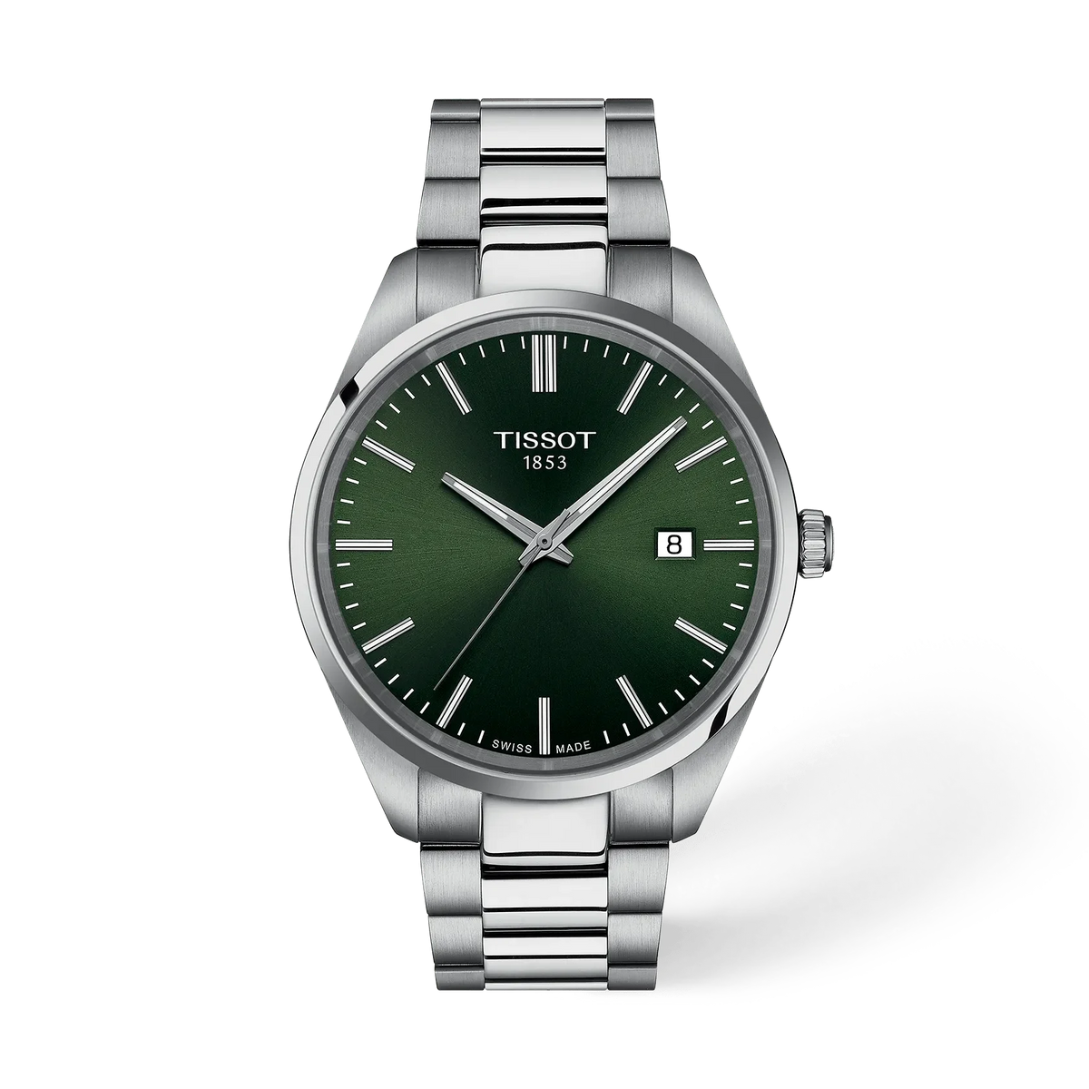 Herrenarmbanduhr mit grünem Zifferblatt, Edelstahlgehäuse und -armband, Datumsanzeige bei 3 Uhr