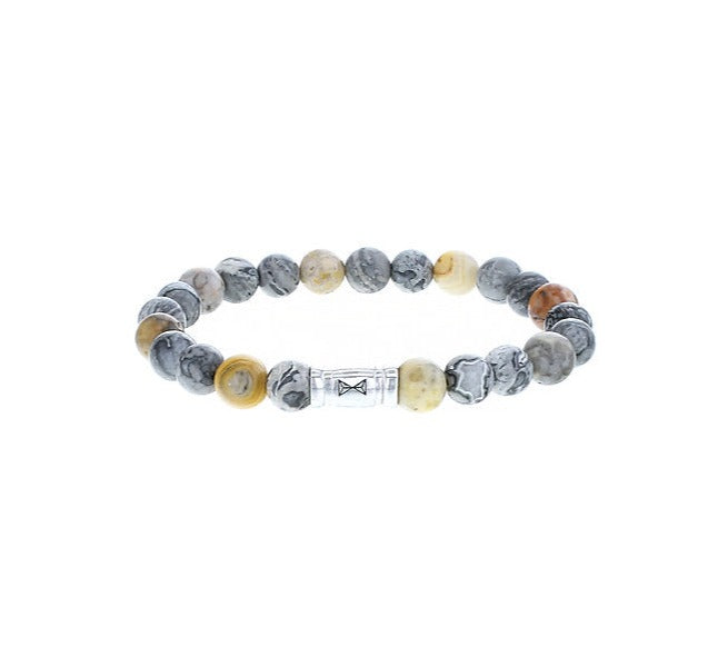 Kettenarmband aus 8 mm großen Marmorperlen in verschiedenen Grautönen und einem klaren Element