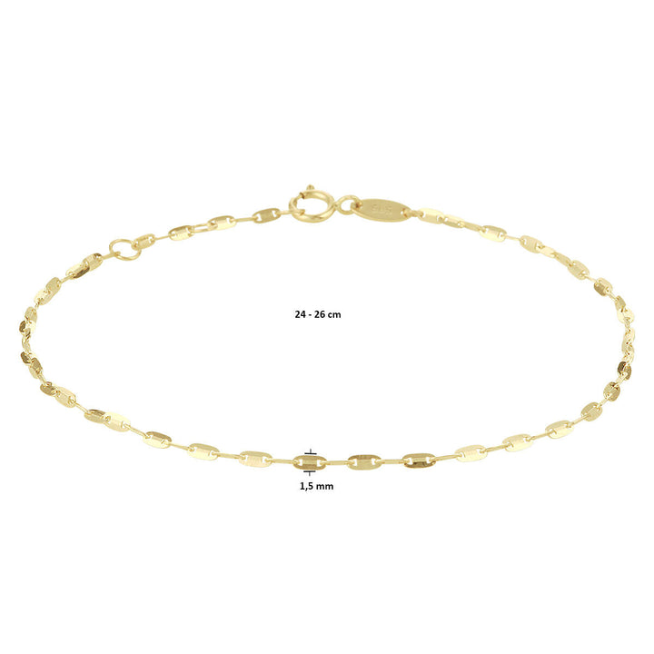 Het Van der Kooij Collectie enkelbandje plaatjes 1,5 mm is gemaakt van 14K geelgoud, heeft ovale schakels, een verstelbare lengte van 24-26 cm en een kleine ronde sluiting met ovale tag.