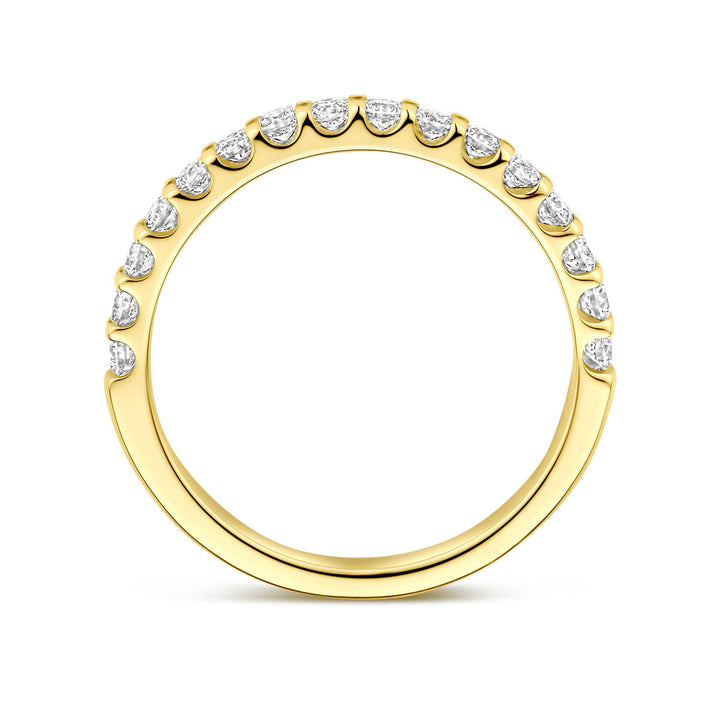 Een 14K geelgouden Van der Kooij Collectie ring met lab grown diamant (0.51ct H SI) in briljante slijpvorm, afgebeeld in zijaanzicht tegen een witte achtergrond.