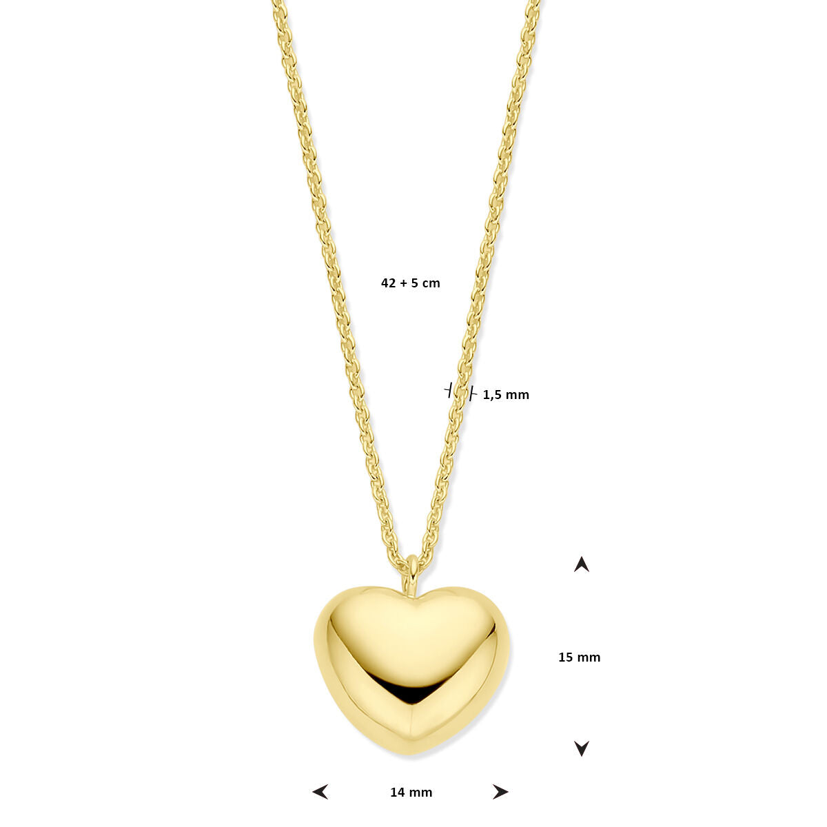 Halskette Herz 1,5 mm 42 + 5 cm 3 Mikron Silber vergoldet (gelb)
