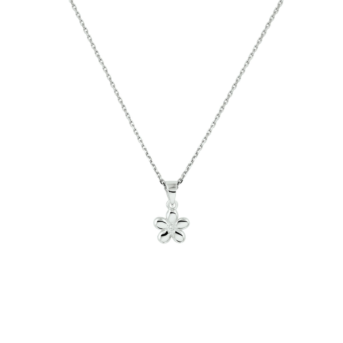 Collier mit rhodiniertem Silber, 36 + 4 cm lang, mit blütenförmigem Anhänger