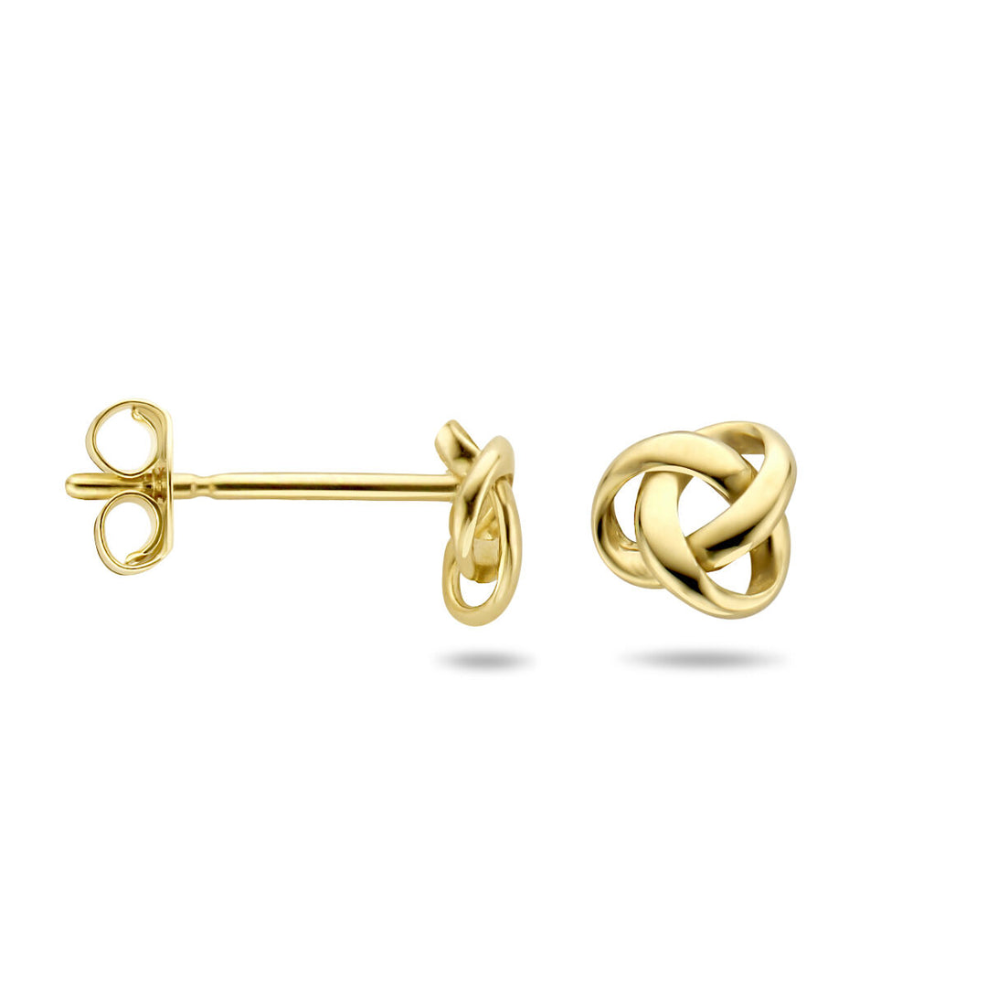 De Van der Kooij Collectie oorknoppen knoop 14K geelgoud zijn afgebeeld op een witte achtergrond, waarbij het gedetailleerde knoopontwerp en de 14K geelgoud paal zowel van voren als van opzij te zien zijn.