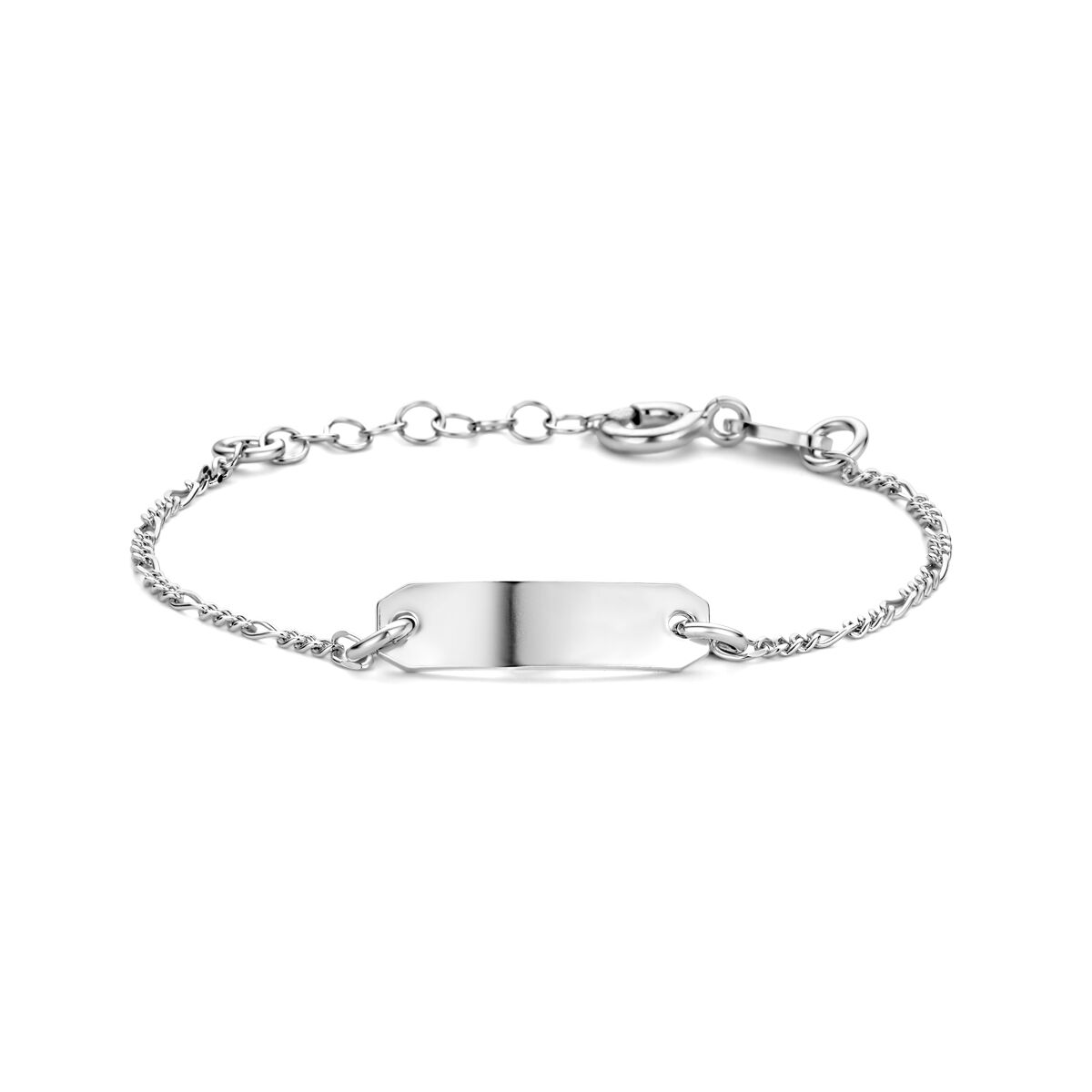 Gravurarmband aus rhodiniertem Silber mit 5,0 mm breiter Platte und 11 + 2 cm langem Kettenarmband
