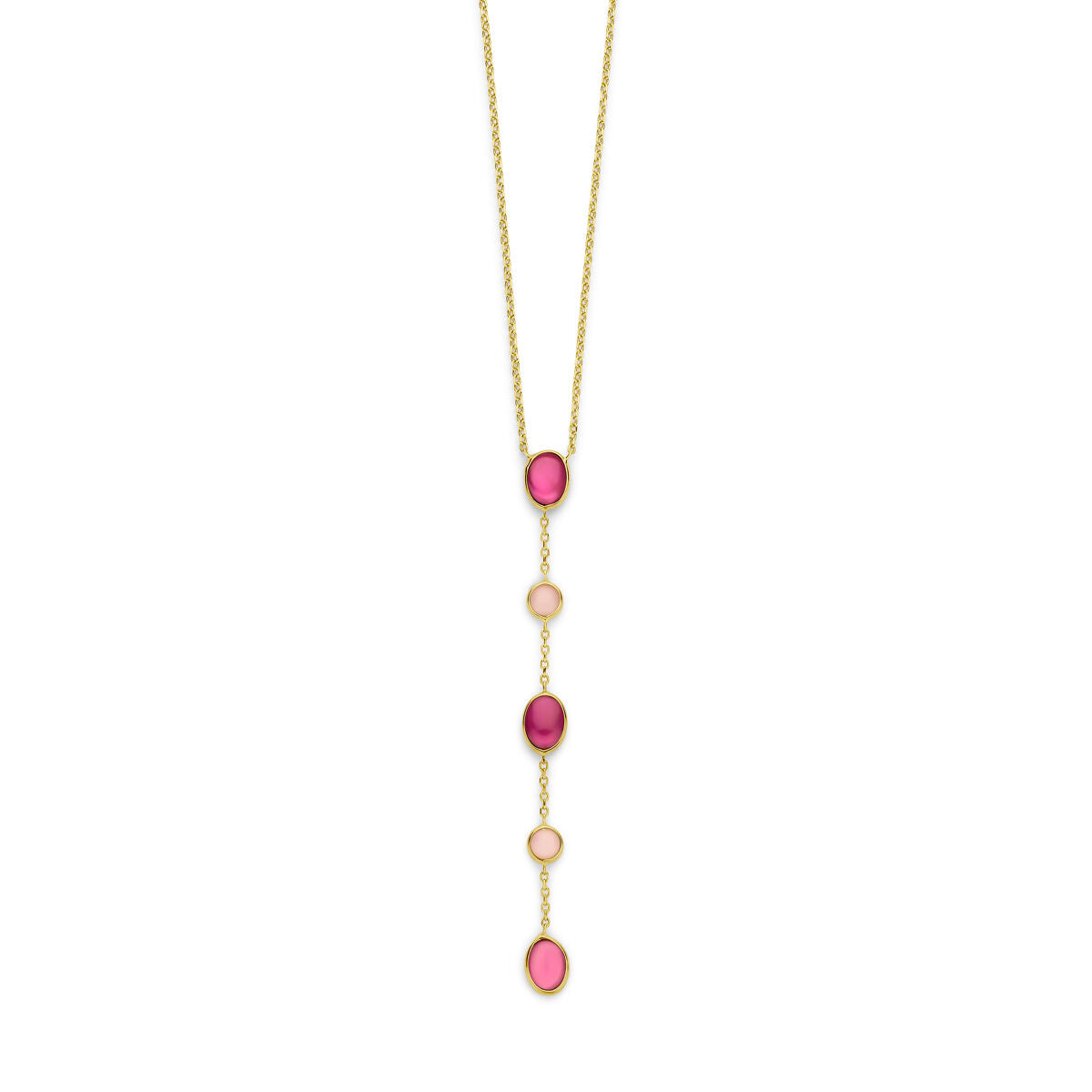 Goldene Damenkette mit rosa Opal und Rubin in 14K, längliche Form mit mehreren Steinen