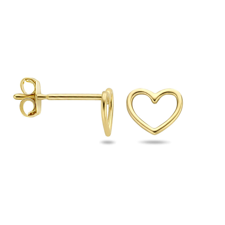 Een paar oorknoppen hart 14K geelgoud uit de Van der Kooij Collectie, gemaakt in open hart vormen. Deze studs worden getoond vanaf de zijkant en voorkant en hebben een klassieke vlinder achterkant.