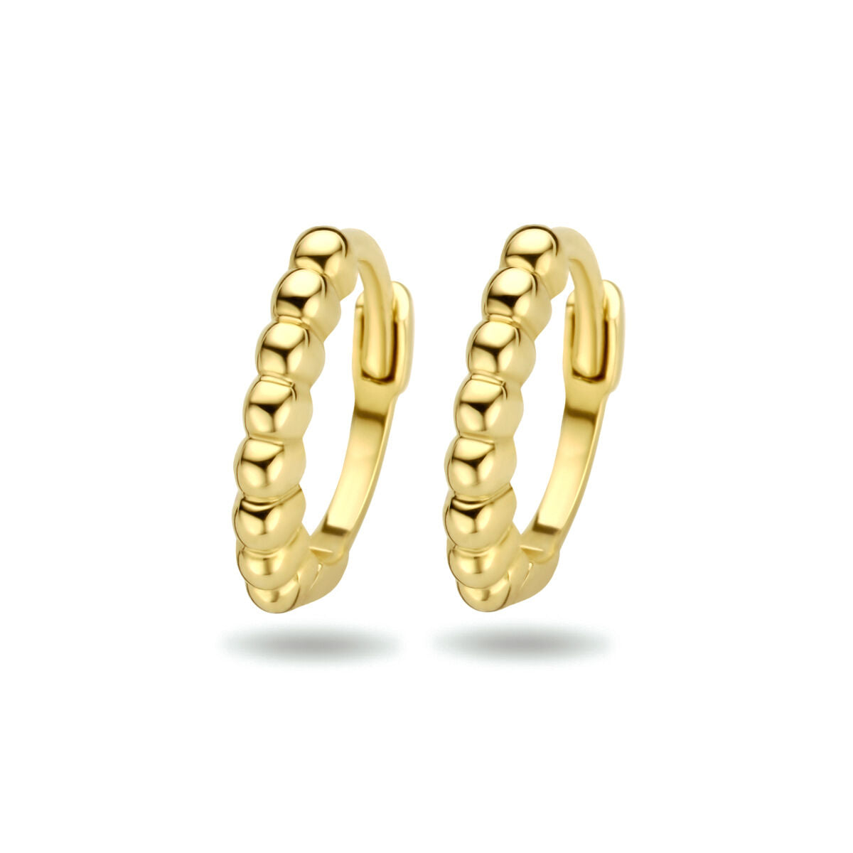 Klapp-Ohrringe aus 14K Gelbgold mit kleinen, runden Kugeln entlang der Vorderkante