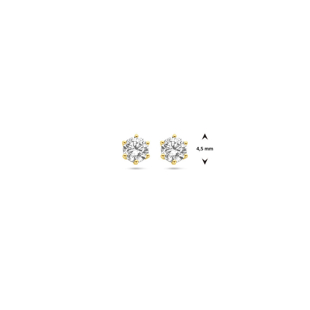 Van der Kooij Collectie oorknoppen zirkonia 14K geelgoud: ronde studs van 4,5 mm in geelgouden zetting, aanwezig naast elkaar op een witte achtergrond. Perfect voor dames die klassieke elegantie zoeken.