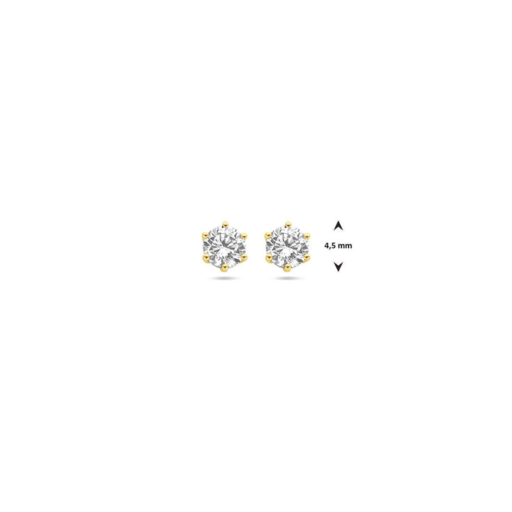 Van der Kooij Collectie oorknoppen zirkonia 14K geelgoud: ronde studs van 4,5 mm in geelgouden zetting, aanwezig naast elkaar op een witte achtergrond. Perfect voor dames die klassieke elegantie zoeken.