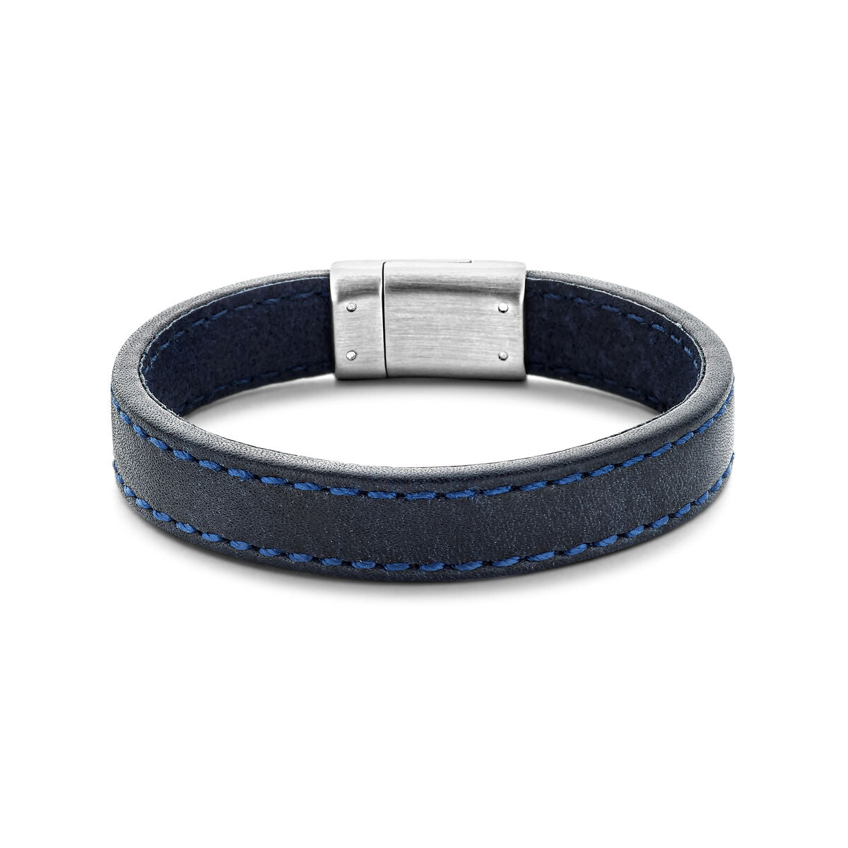 Dunkelblaue Lederarmband mit Edelstahlverschluss und blauer Naht, 12,5 mm breit