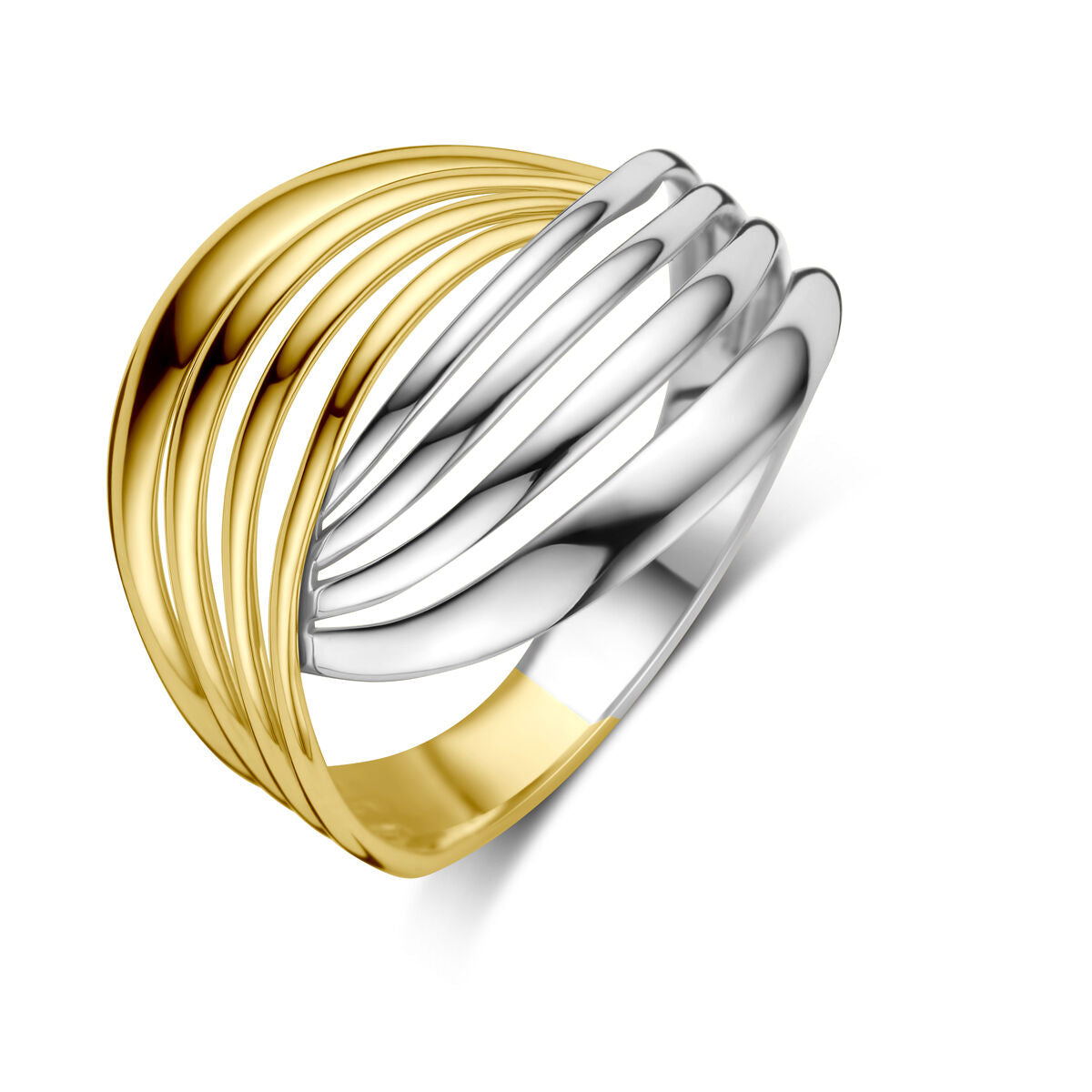Ring aus 14K bicolor Gold in Gelb und Weiß mit geschwungenen Linien