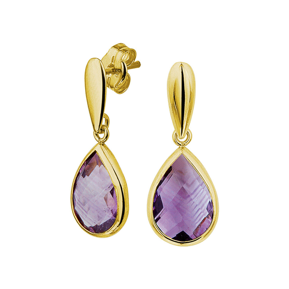 Ohrhänger aus 14K Gelbgold mit tropfenförmigem Amethyst und facettierter Oberfläche
