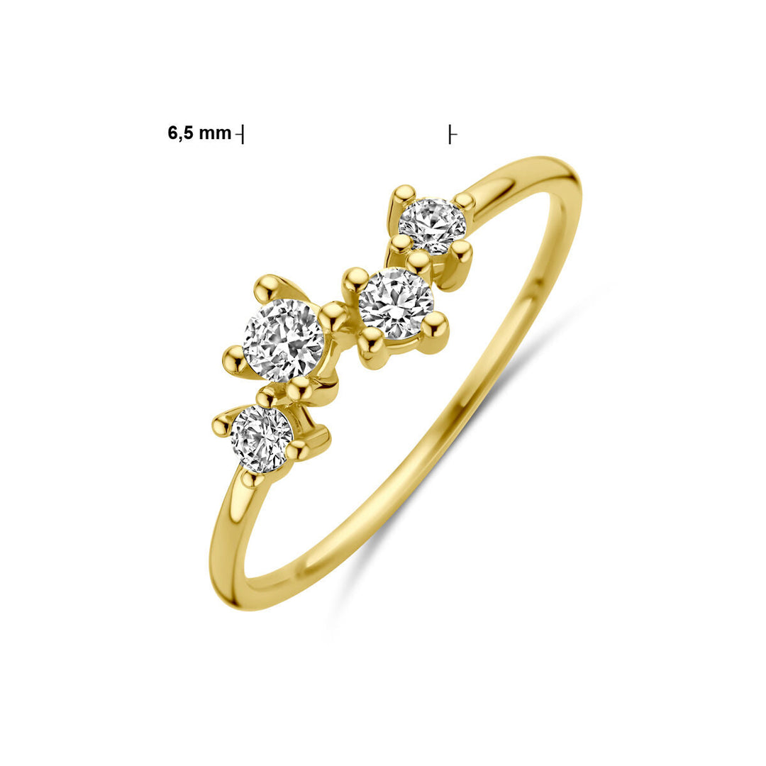 De Van der Kooij Collectie ring zirkonia 14K geelgoud is een delicate damesring met vier ronde witte steentjes in een verstrooid design, met een breedte van 6,5 mm op het breedste punt, afgebeeld op een witte achtergrond.