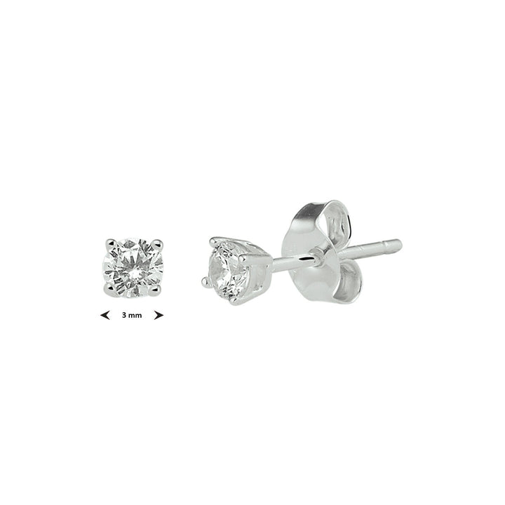 Een paar oorknoppen zirkonia zilver wit uit de Van der Kooij Collectie, met kleine ronde zirkonia studs in wit metaal met een diameter van 3 mm, die het precieze vakmanschap van Van der Kooij benadrukken, te zien in voor- en zijaanzicht.