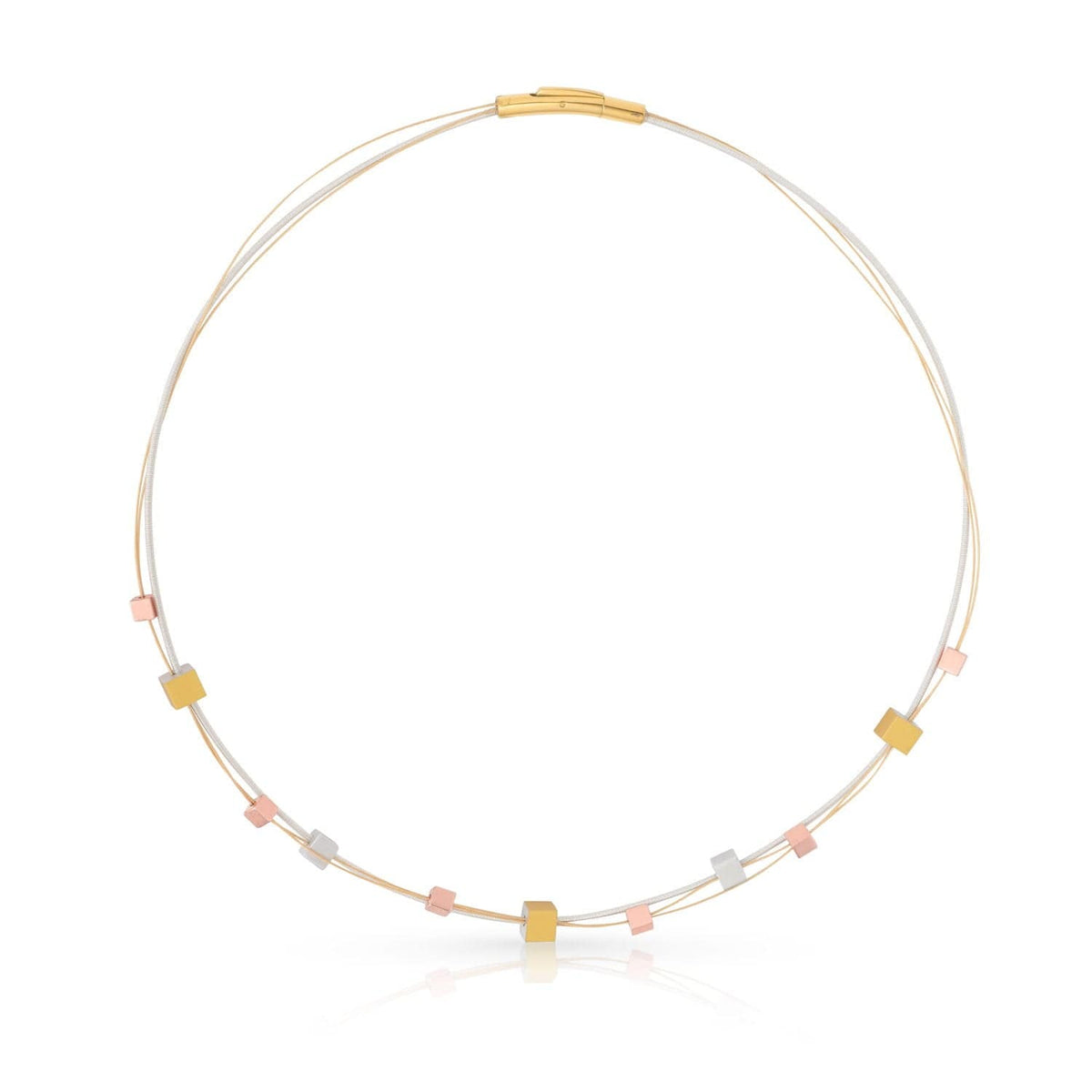 Collier mit spielerischen Würfeln in Tricolor, bestehend aus goldenen, silbernen und roséfarbenen Elementen