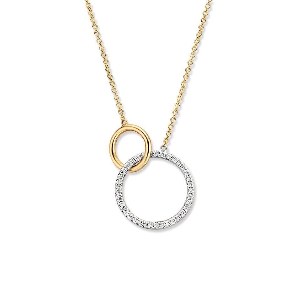 Gelbgoldenes Collier aus 14 Karat mit zwei verbundenen Kreisen und einem Diamanten von 0,11 ct
