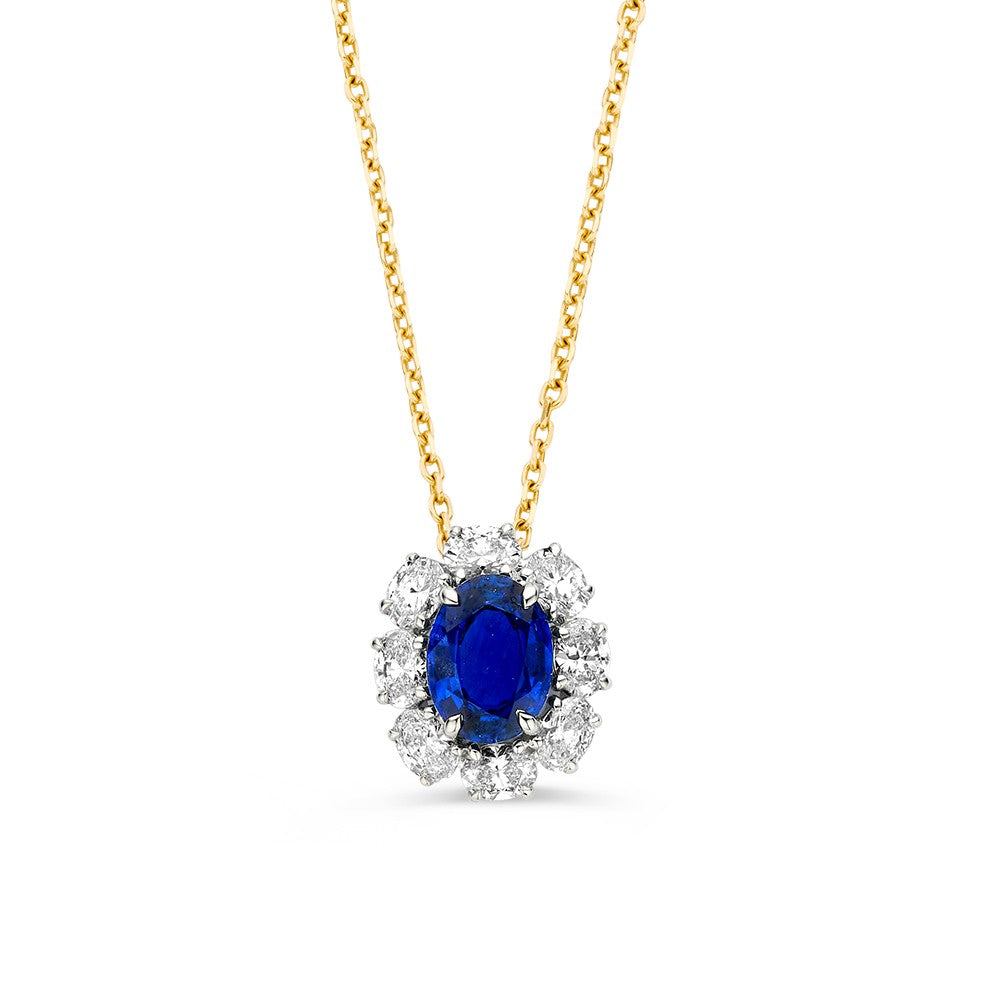 Collier mit bicolor Saphir und Brillanten, goldene Kette und weiße Diamanten um den Stein