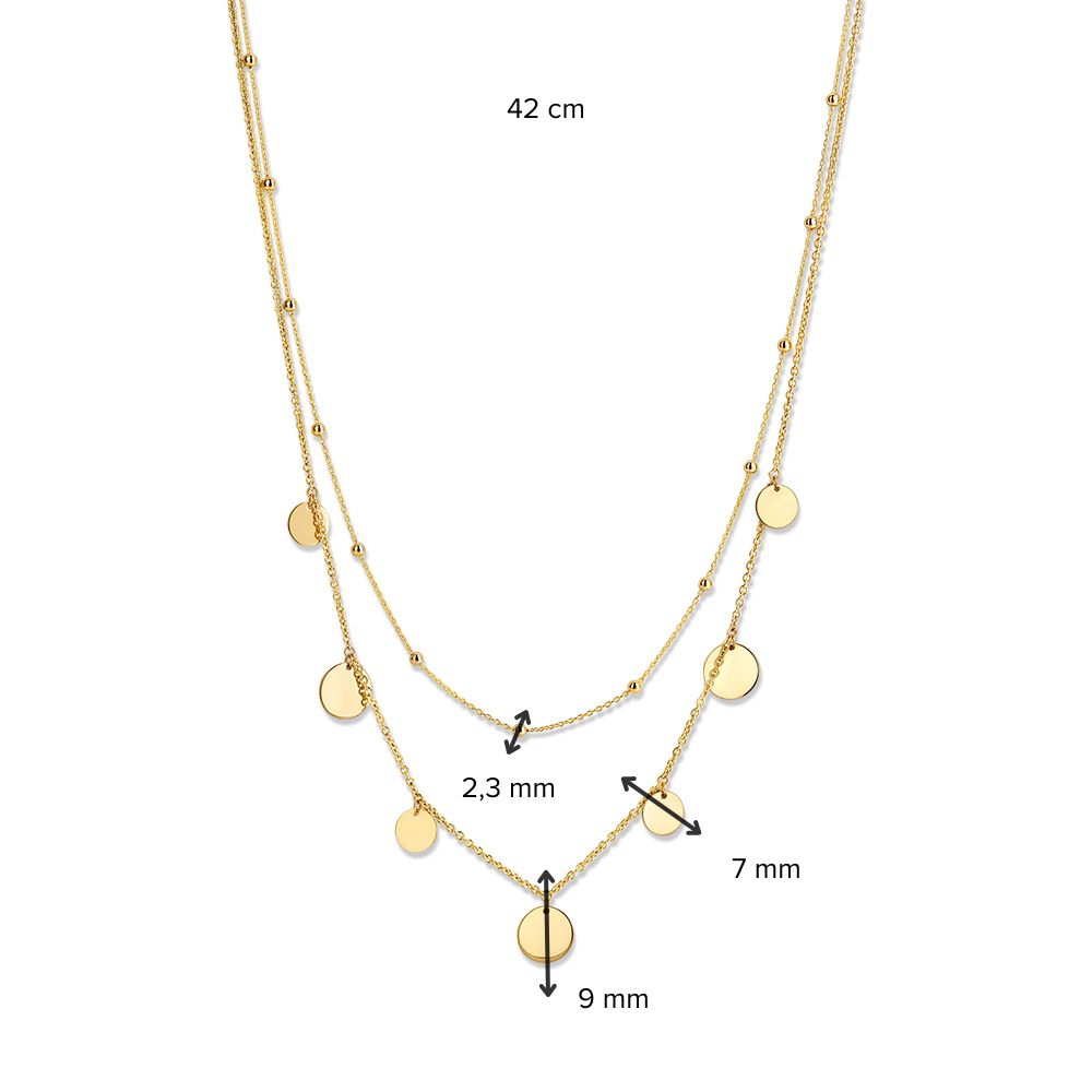14K Gelbgold Collier mit doppelter Kette und Münzen – Modernes Schmuckstück für Damen