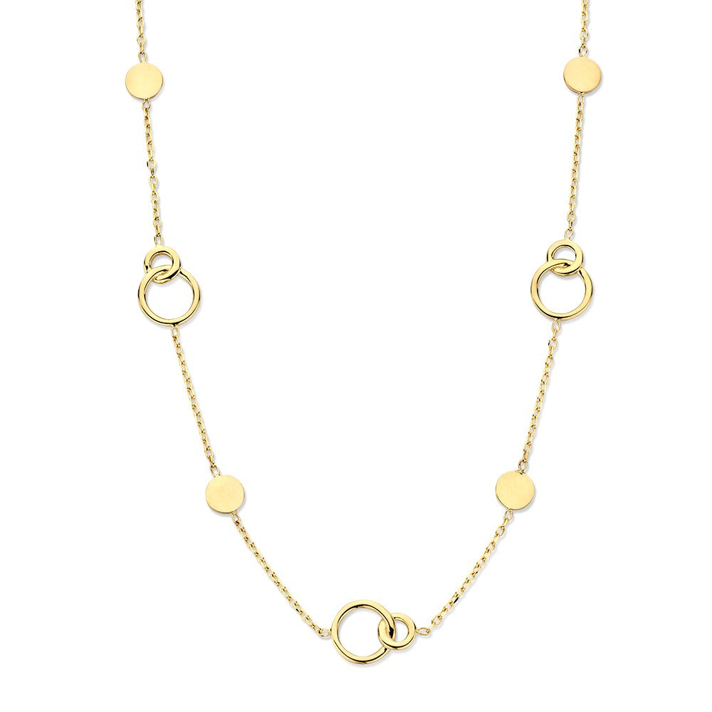 Gelbgoldenes Collier mit verbundenen Kreisen und runden Plättchen, 14-Karat, für Damen