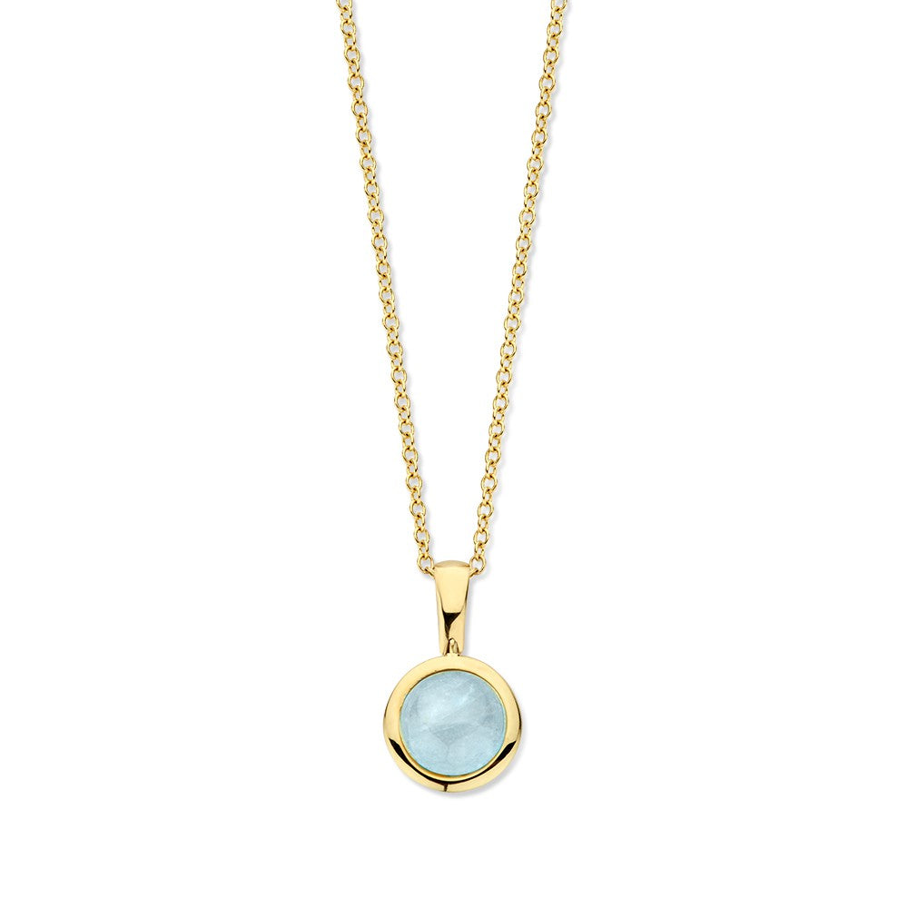 Gelbgoldenes Collier mit Aquamarin, 14 Karat, 45 cm lang, mit runder Anhänger und feiner Kette