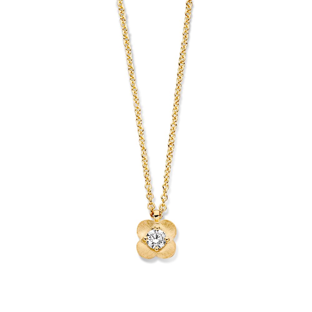 Gelbgoldenes Collier mit blütenförmigem Diamanten-Anhänger und feiner Kette
