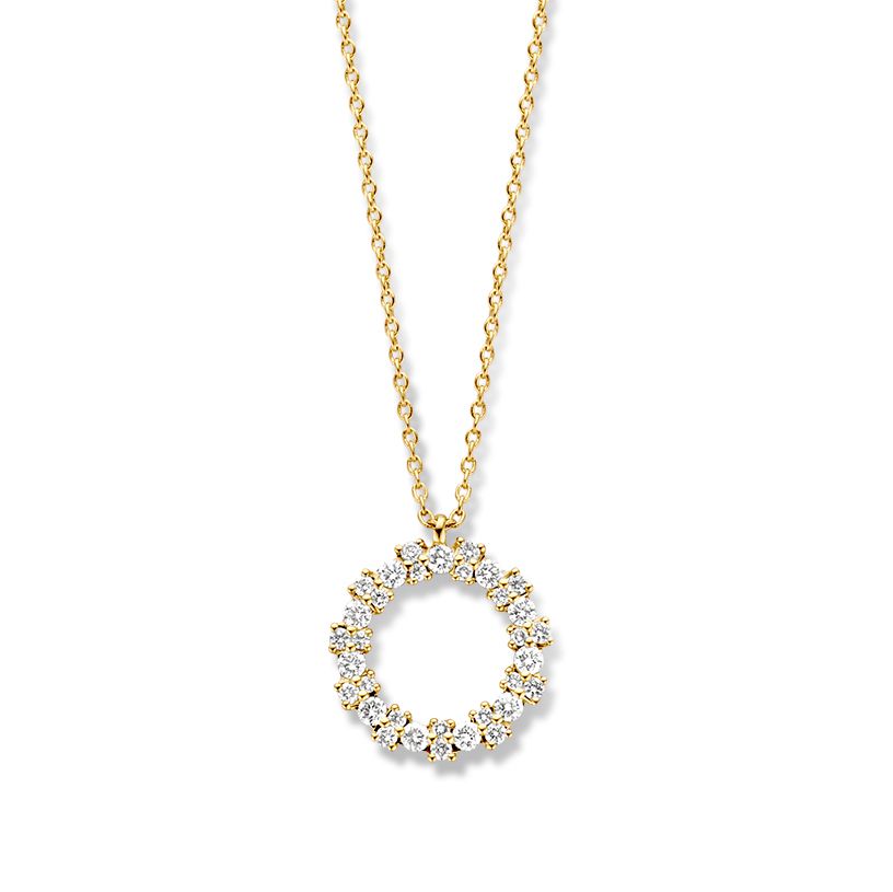 Gelbgoldenes Collier mit Diamanten-Anhänger, 14 Karat Gold, runder Anhänger mit 0,28 ct Brillanten
