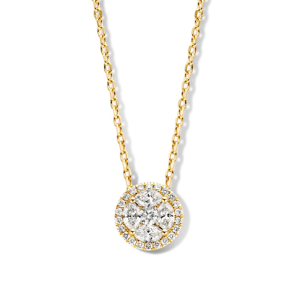 Gelbgoldenes Luxus-Collier mit rundem Anhänger, besetzt mit Brillanten und Markies-Diamanten
