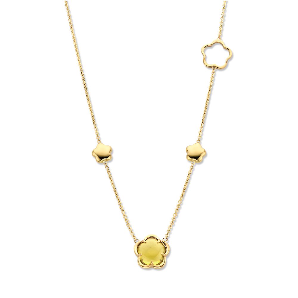 Gelbgoldenes Collier mit blütenförmigen Elementen und grünem Quarz in 14 Karat Gold