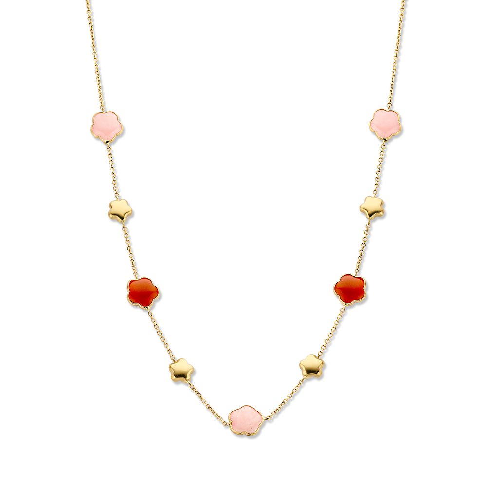 Gelbgoldenes Collier mit mehrfarbigen, blumenförmigen Edelsteinen aus 14 Karat Gold