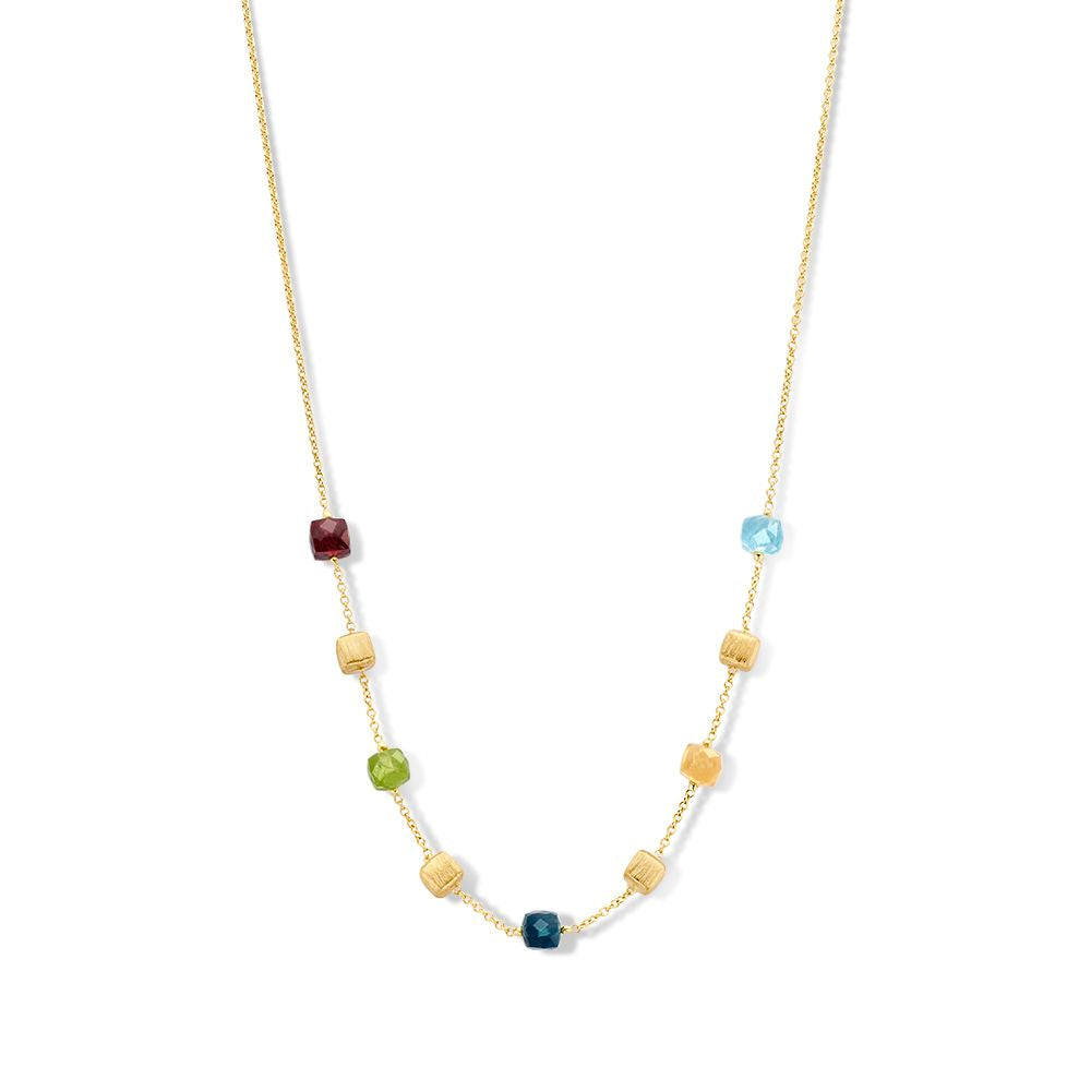 Gelbgoldenes Collier mit matten goldenen Würfeln und bunten Edelsteinen aus 14 Karat Gold