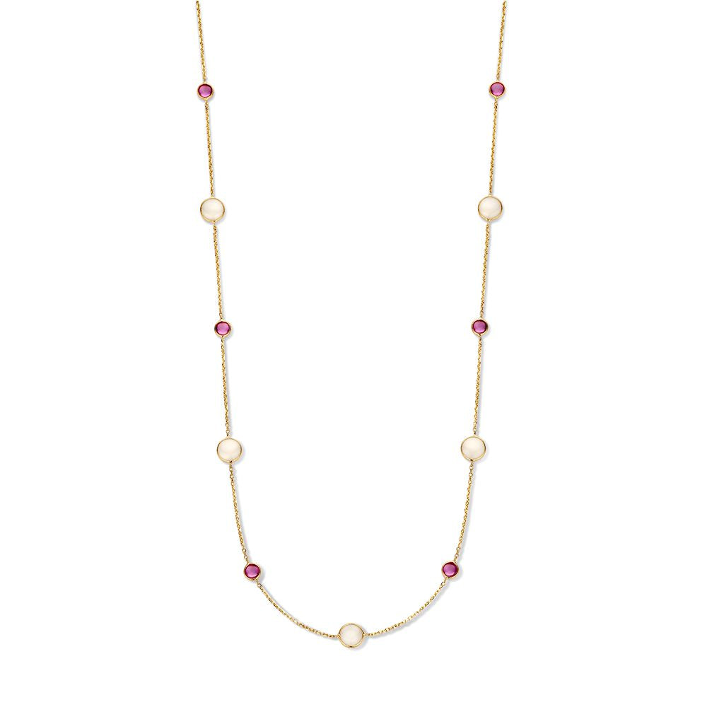 Gelbgoldenes Collier mit Rubinen und Mondsteinen, 14 Karat, mit runden Elementen in gold und rot.