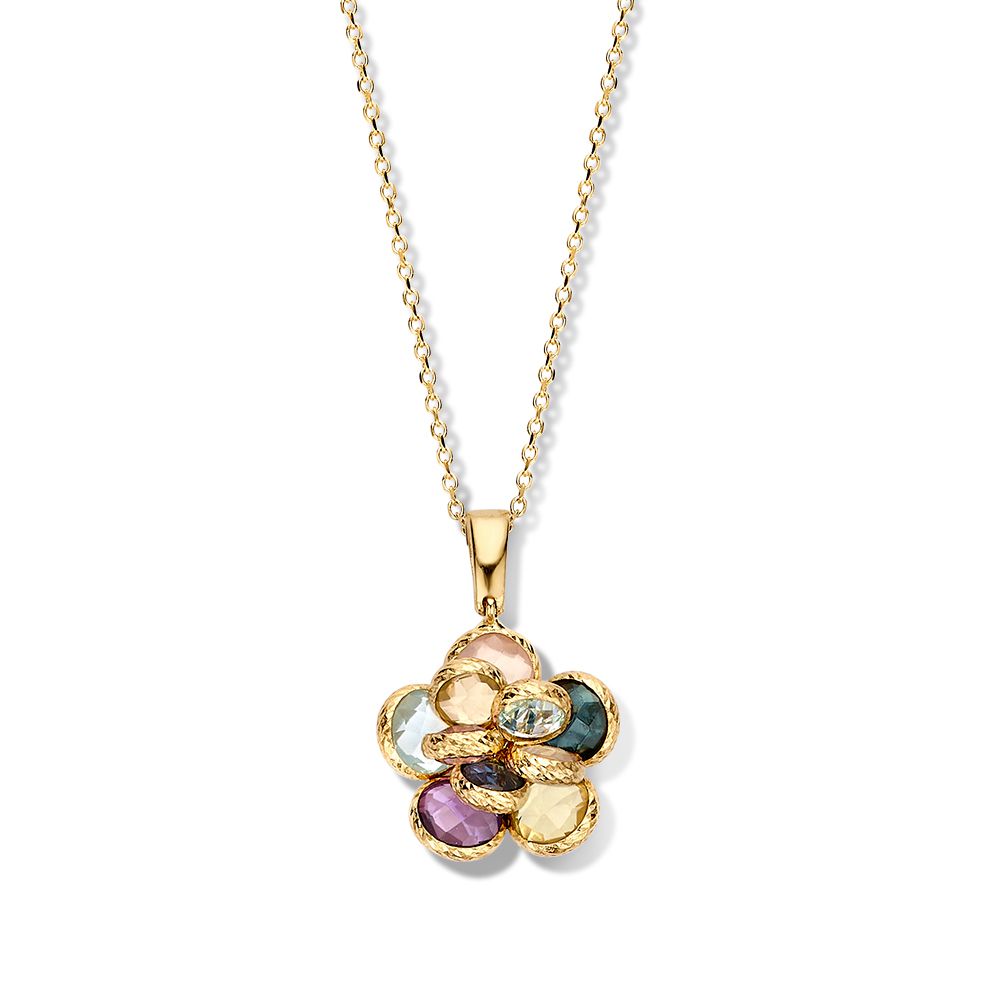 Gelbgoldenes Collier mit Blumenanhänger und bunten Edelsteinen in verschiedenen Farben