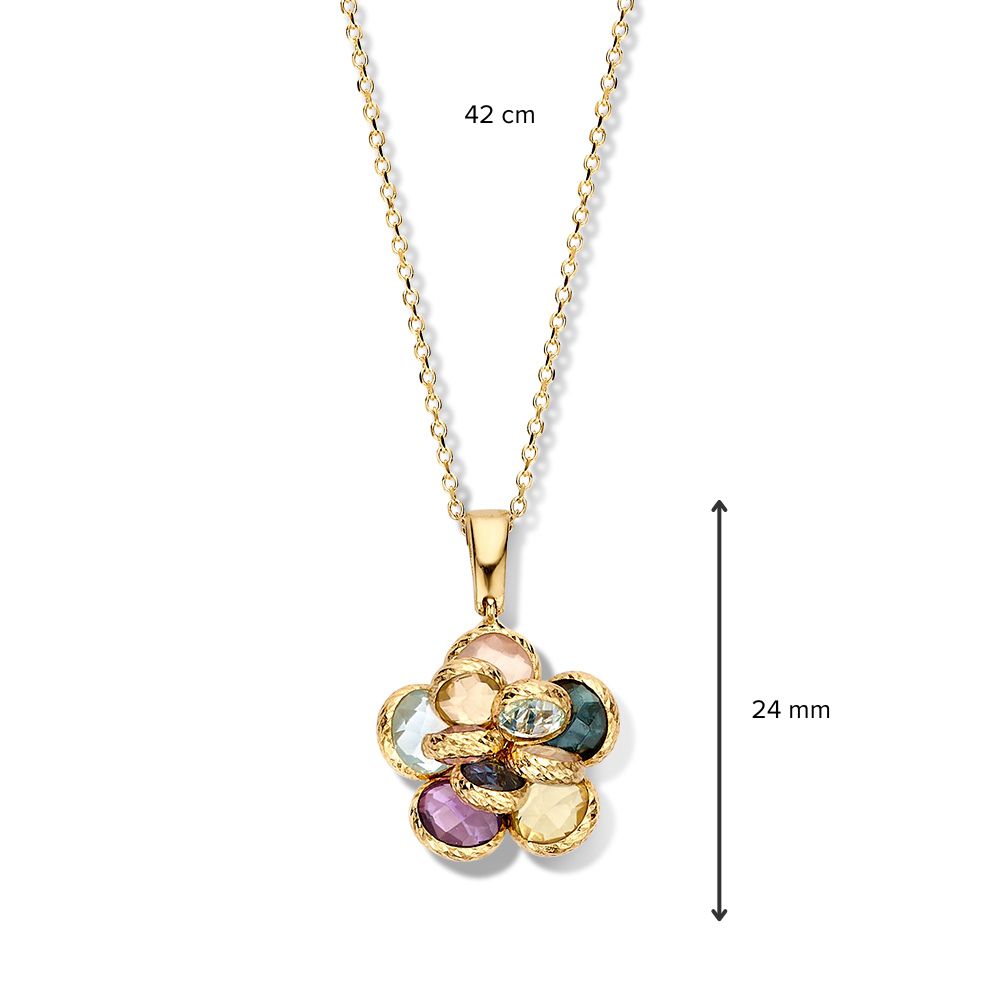 Gelbgold Collier mit Blumenanhänger & Multicolor Edelsteinen – 14 Karat Gold