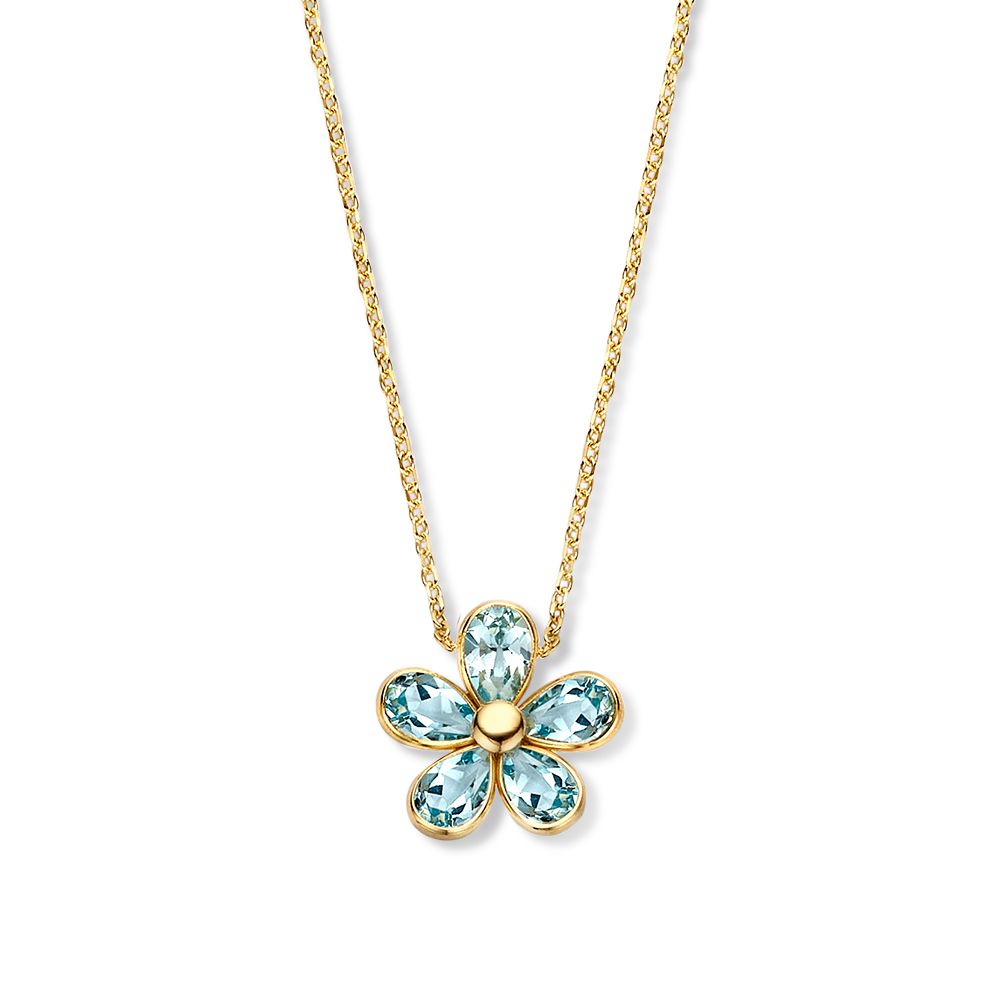 Gelbgoldenes Collier mit verspieltem Blumenanhänger und blauen Topasen