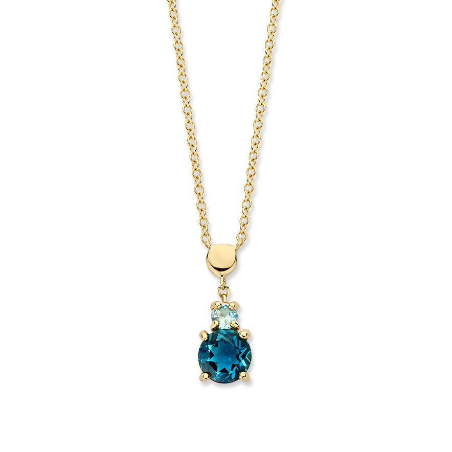 Gelbgoldenes Collier mit ovalem London Blue Topas und zwei kleinen Topasen