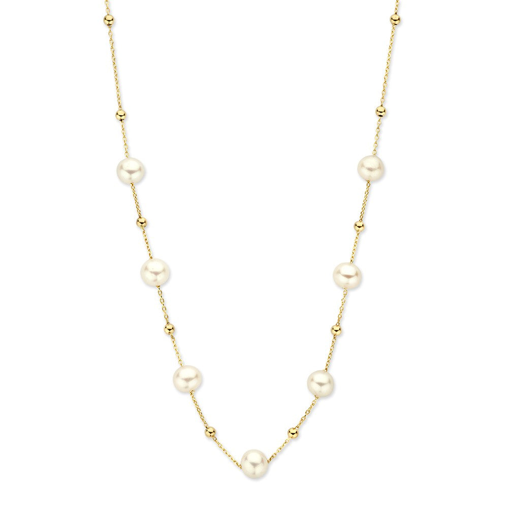 Gelbgoldenes Collier mit Perlen aus 14 Karat Gold, zeitloses Design mit abwechselnden Perlen und goldenen Elementen