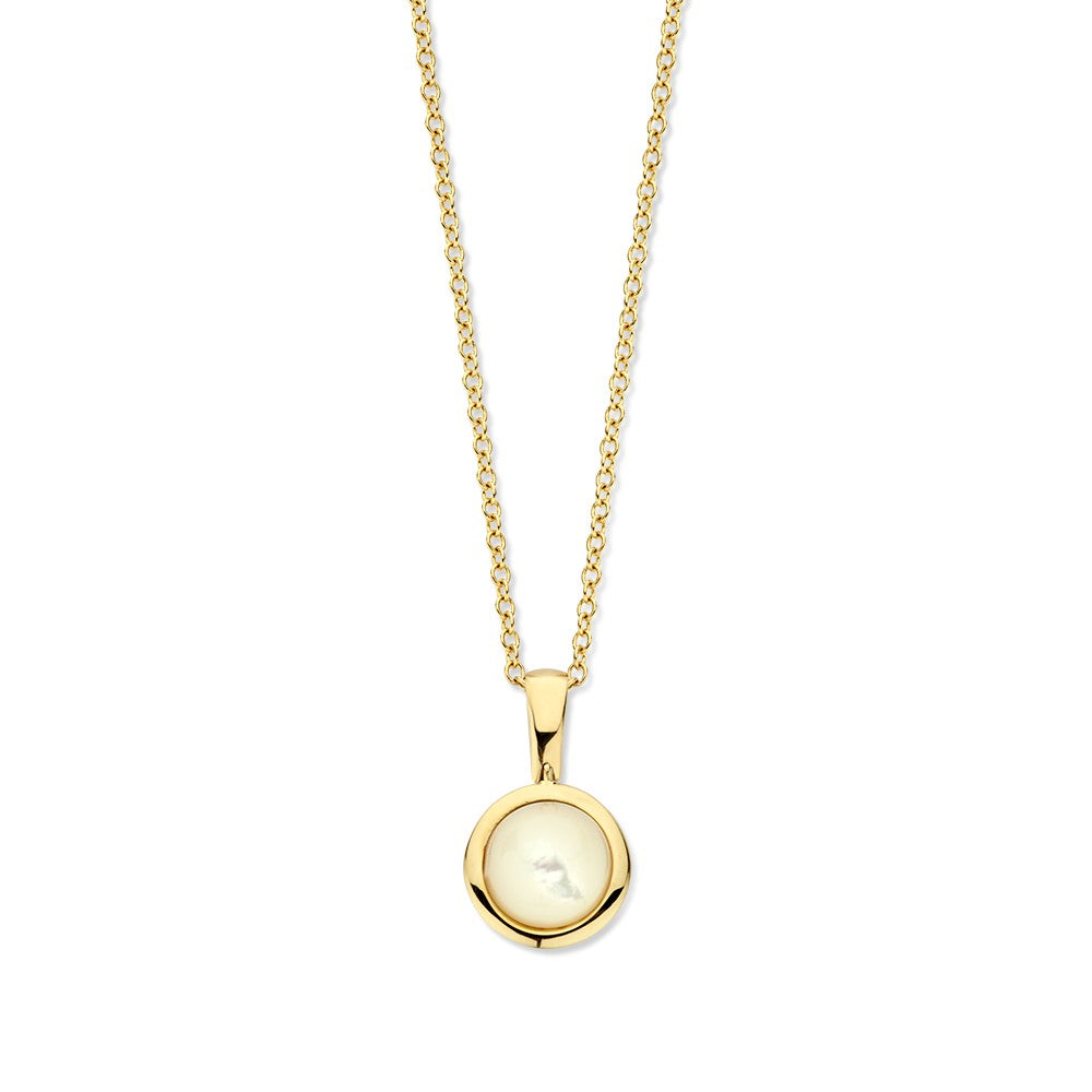 Gelbgoldenes Collier mit Ankerkette und cabochon geschliffenem Perlmutt-Anhänger