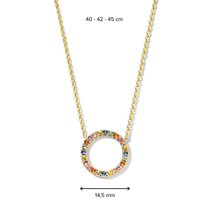 geelgoud collier met regenboogsaffier in ronde hanger - 14 karaat