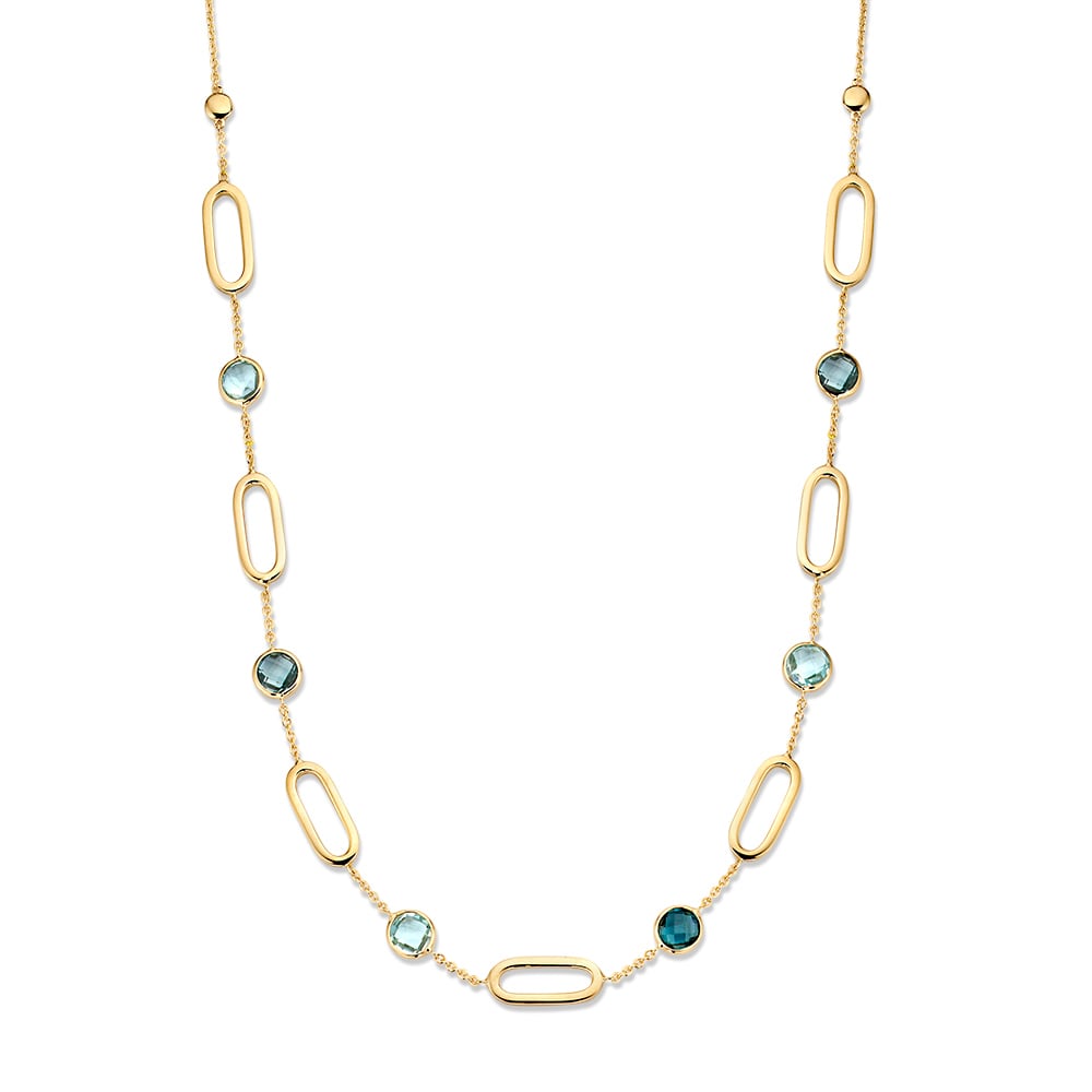 Gelbgoldenes Collier mit ovalen Gliedern und blauen Topasen sowie London Blue Topas