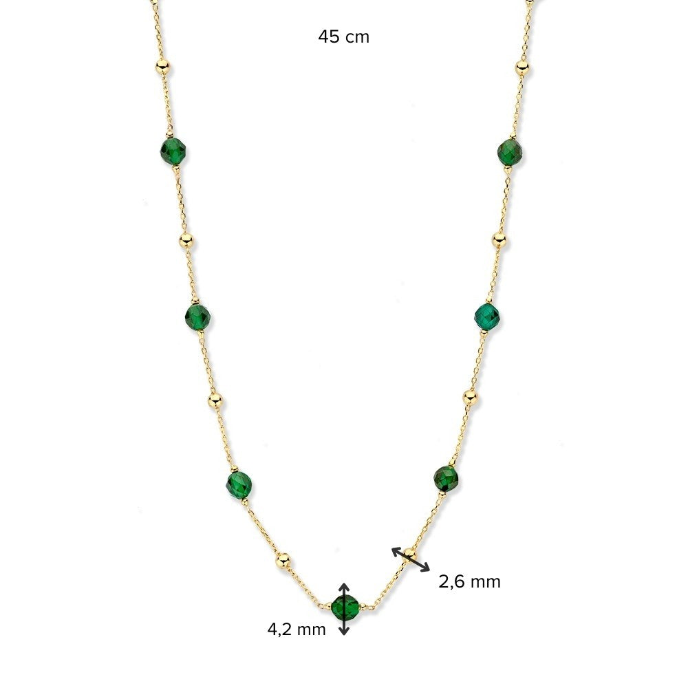 Gelbgold-Halskette mit goldenen und grünen Zirkonia-Kügelchen - 14 Karat