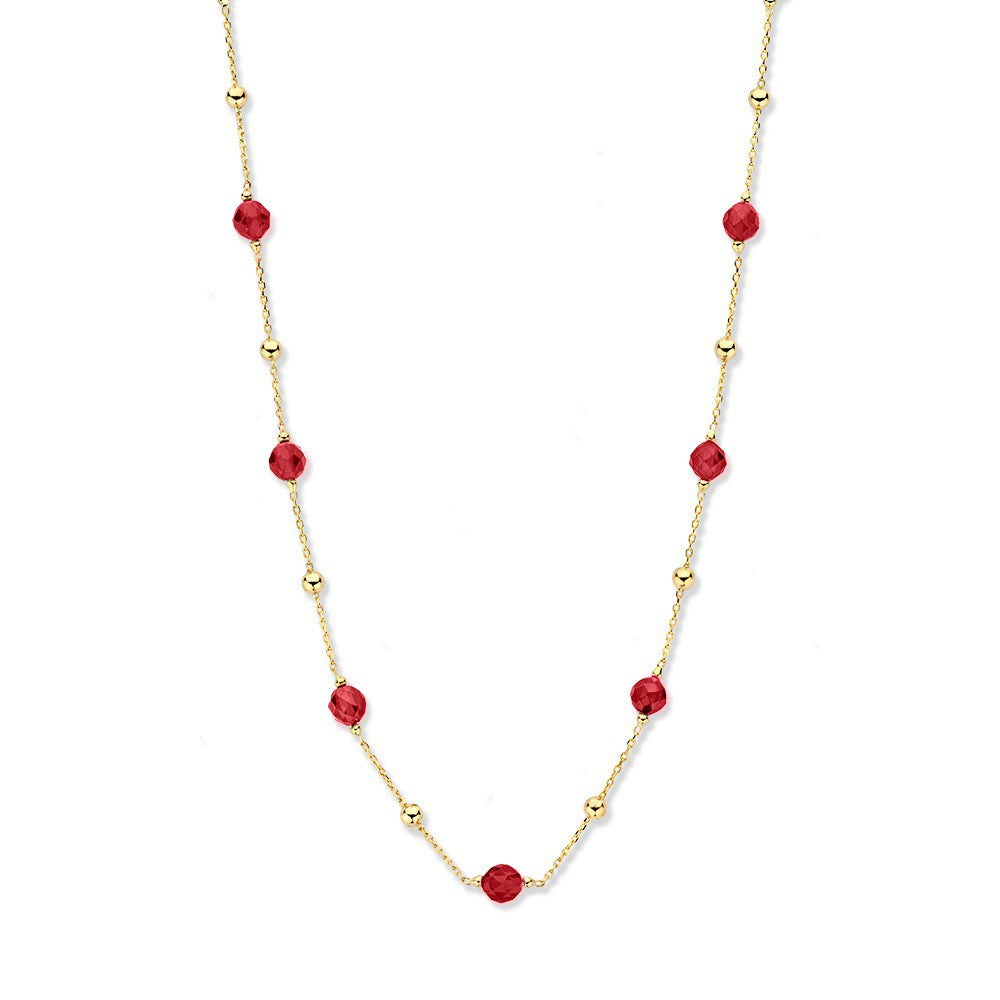 Collier aus Gelbgold mit roten Zirkonia und goldenen Kugeln