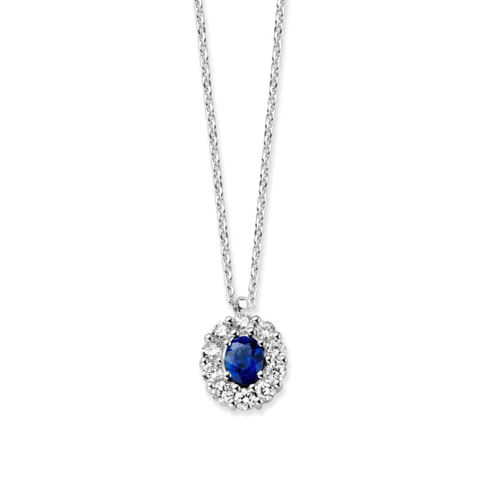 Witgouden Collier mit Saphir-Anhänger und Diamantenumrandung in 14 Karat