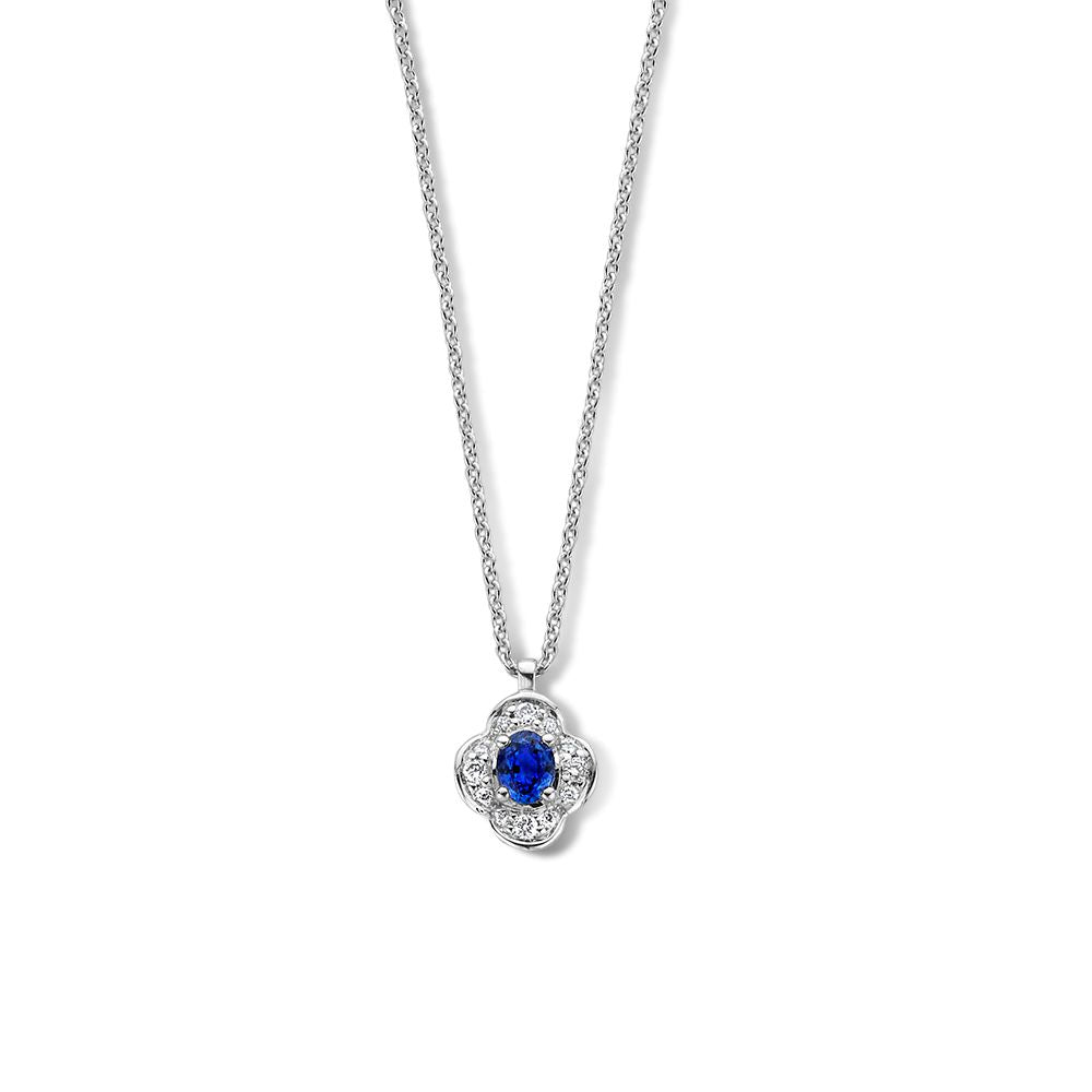 Witgoudenes Collier mit blauer Saphir und Diamantenanhänger in Blumenform