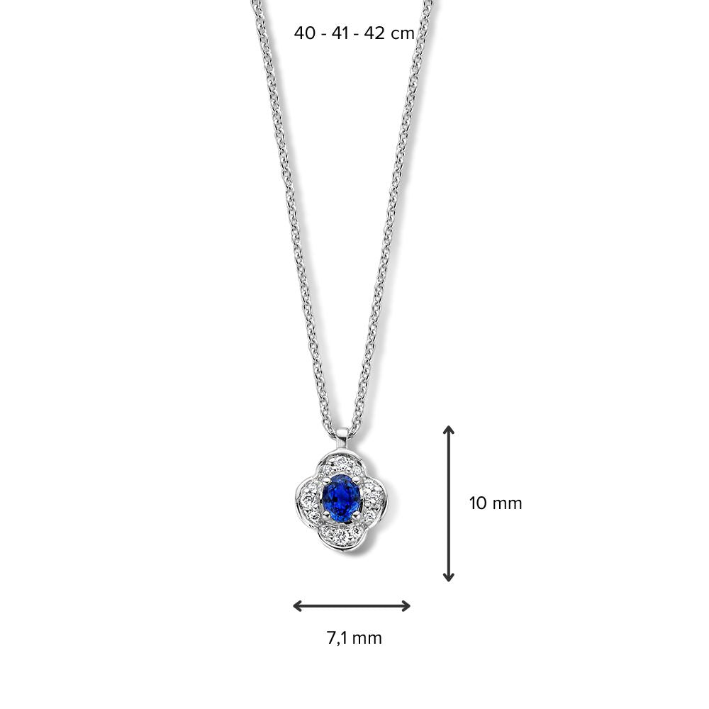 Collier aus Weißgold mit Blumenanhänger, blauem Saphir und Diamant - 14 Karat
