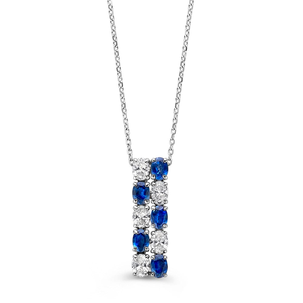 Collier aus Weißgold mit Brillanten und blauen Saphiren in vertikaler Anordnung
