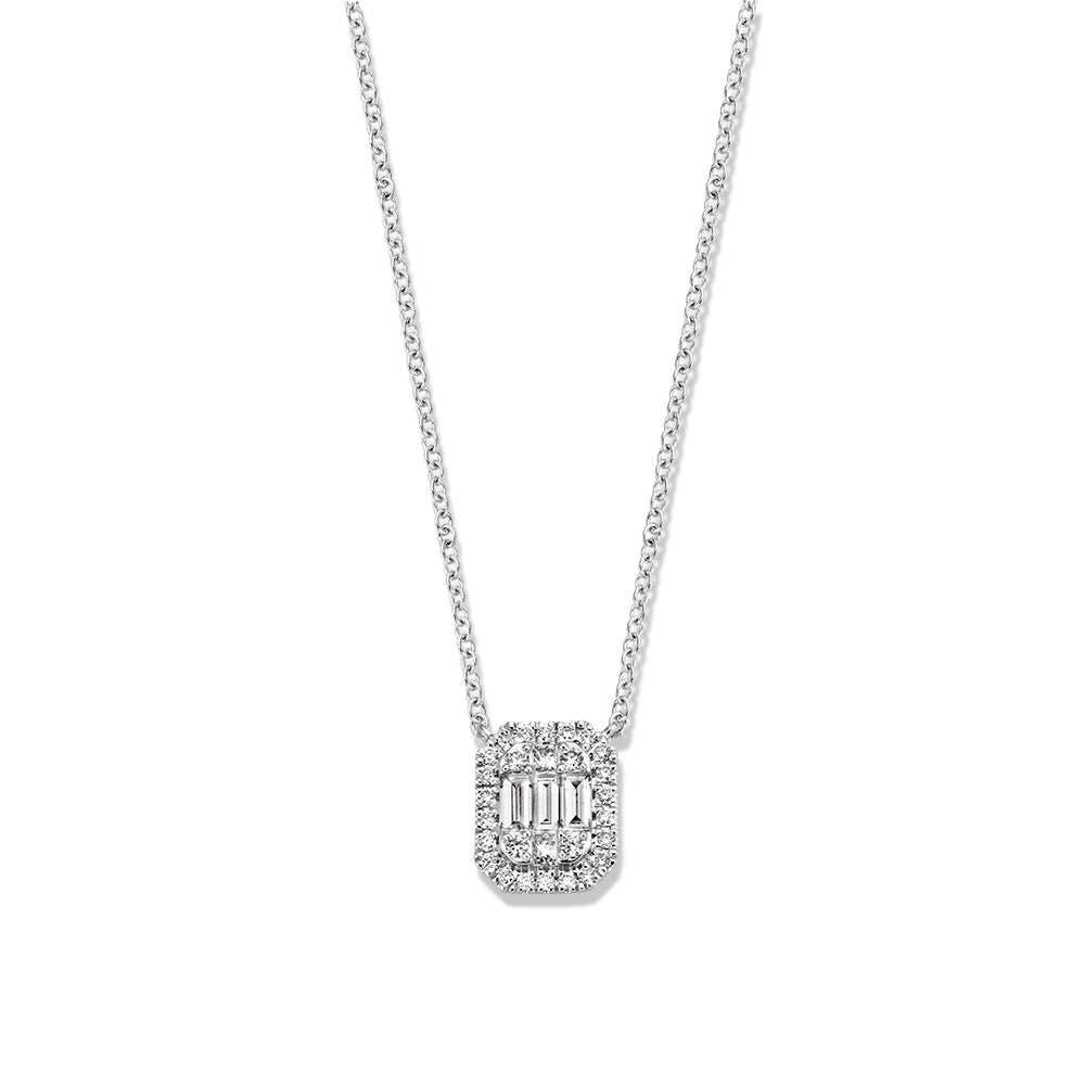 Witgouden Collier mit rechteckigem Anhänger, besetzt mit einem Smaragd und Brillanten sowie Baguette-Diamanten